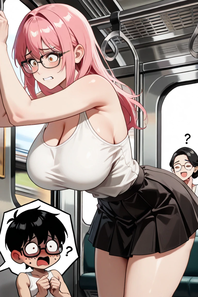 (Perfect body),Best Quality,(8K Portrait),(anime screen cap)、(((((Upset)))))、embarrassed from、(((blush))),(Sweat),((((large udder))))、((((Big ass))))、(Black hair),((short-hair))、Bun with back hair、(Orange Eyes),(((thick thighs)))、(fullnude)、(((Light blue panty)))、(((Light Blue Bra)))、(eye glasses)、knee sox、adult woman、Cowboy Shot、(((Arms behind the body)))、Standing、((((front-facing view))))、(((On the train)))