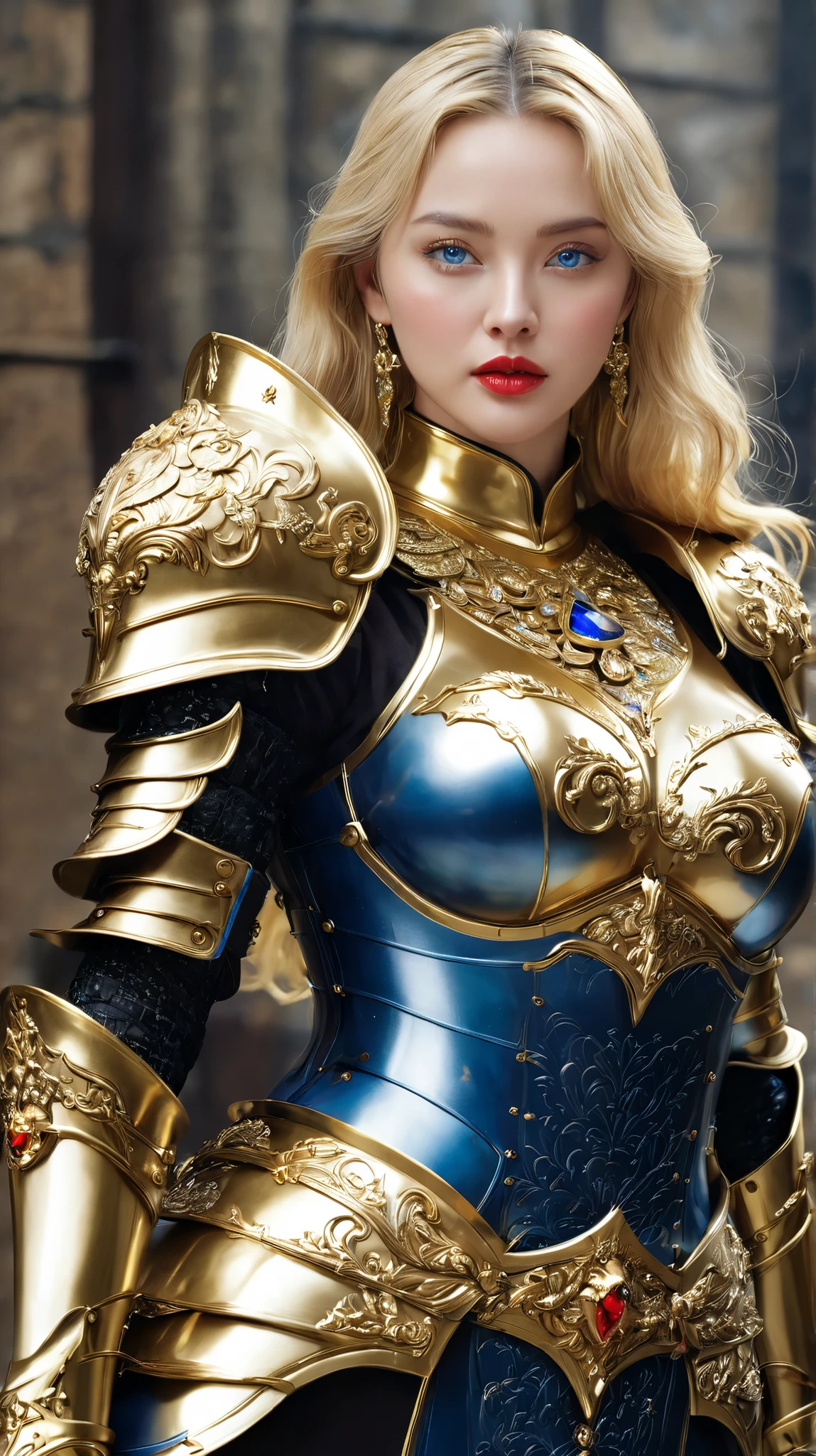 masterpiece,Highest quality,wonderful,(Female Knight_Female Knight:1),(Full body golden armor:1.3), (35歳のFemale Knight:1.3),、Big and ample breasts, Big Breasts,Big Breasts,belly button,Hyper Real,中世ヨーロッパの都市のbattlefieldにいる,Expressionless,、British women、Delicate skin texture to the smallest detail 、(Detailed blue eyes)、(Chubby body type))、(Very large)、Middle-aged women、(ふわふわblondeの長い髪)、Wheat tanned skin、(blonde)、Very large、European Female Knight、Big Breastsの谷間、豪華に装飾されたFull body golden armor、Medieval witch、High Leg、Golden long boots with flashy decorations、Deep neckline、Pure gold and jewellery necklaces and collars、Big gold earrings、Bright red lips、豪華なFull body golden armorを着て、Gold Long Gloves、She has a big long sword、The sword is ornately decorated..........................、The blade is pitch black、(Female Knight)、(battlefield)、