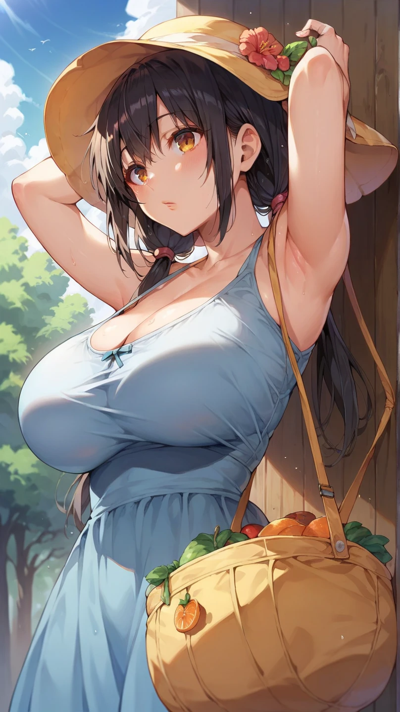 nsfw, 1 woman, black hair, very long hair, cute face, ideal ratio body proportions, blush, (((((hair over eyes))))), (curvy), (((large breasts))), (((large hip))), ((cleavage)), (((Straw hat))), (((White negligee))), ((Expressionless)), ((white bikini)), ((Close your mouth)), ((((multiple angle)))), (Rural landscape:1.5), (cowboy_shot), (((((spoken heart))))), ((from front)), ((from below)), (((looking down at viewer))), paizuri under clothes, (cum in breasts), ((excessive cum)), ((32k)), ((best quality)), ((ultra high res)), ((HDR)), ((UHD)), ((extremely detailed CG)), ((unity 32k wallpaper)), ((perfect anatomy)), (((anime colored))),
