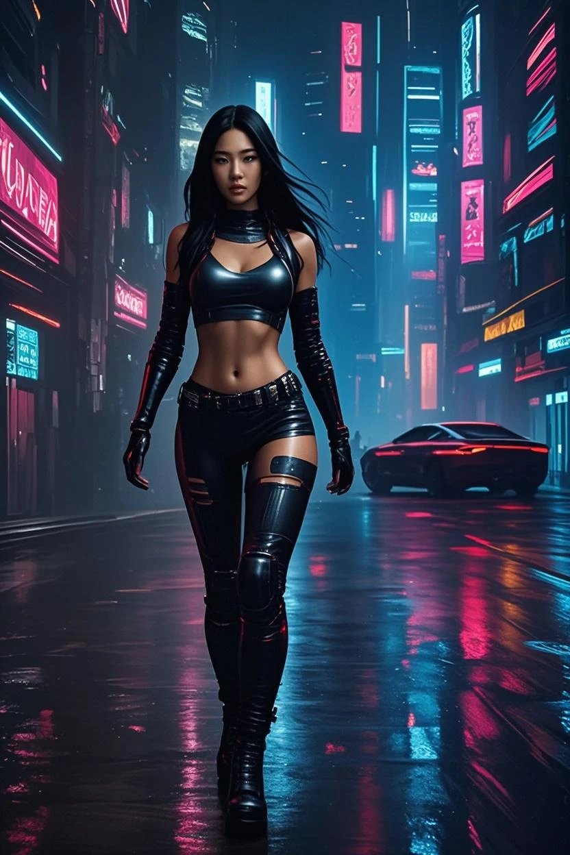 (best quality, highres, realistic:1.37), ultra-detailed, portrait, cyberpunk, vibrant colors, dramatic lighting, seductive Uzbek woman with long brunette hair, beautiful face, muscular physique, sexy and shy demeanor, large breasts, thick buttocks, slender waist, torn pants, flowing semen, wide open