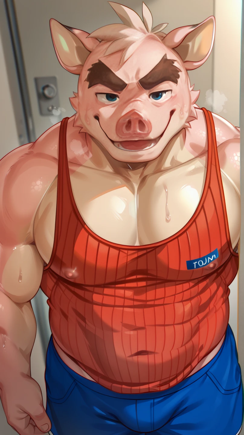 Fat, gassy, visibly stupid anthro pig who’s a southern trucker wearing a stained, white tank top letting out a huge, disgusting belch in a thin anthro pig’s face high resolution best quality. Make this character look like he’s very unintelligent