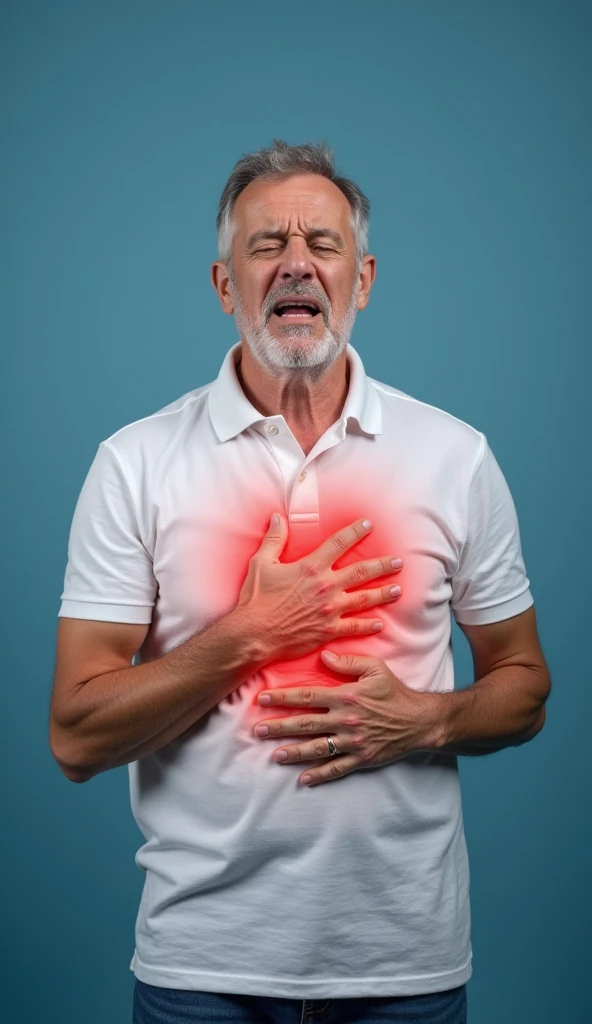 Middle-aged or elderly Thomas shelby, with gray hair, wearing a light blue dress shirt. He has an expression of pain or discomfort, with his forehead frowned and his eyes half closed. The man is holding the left side of his chest with both hands, suggesting that he is experiencing intense pain in this area. There is a highlighted area with a reddish color on the chest, possibly added digitally, to emphasize the site of pain. The background of the image is blurred, indicating that the focus is on the man and his condition of suffering, possibly a visual representation of a heart attack or angina.