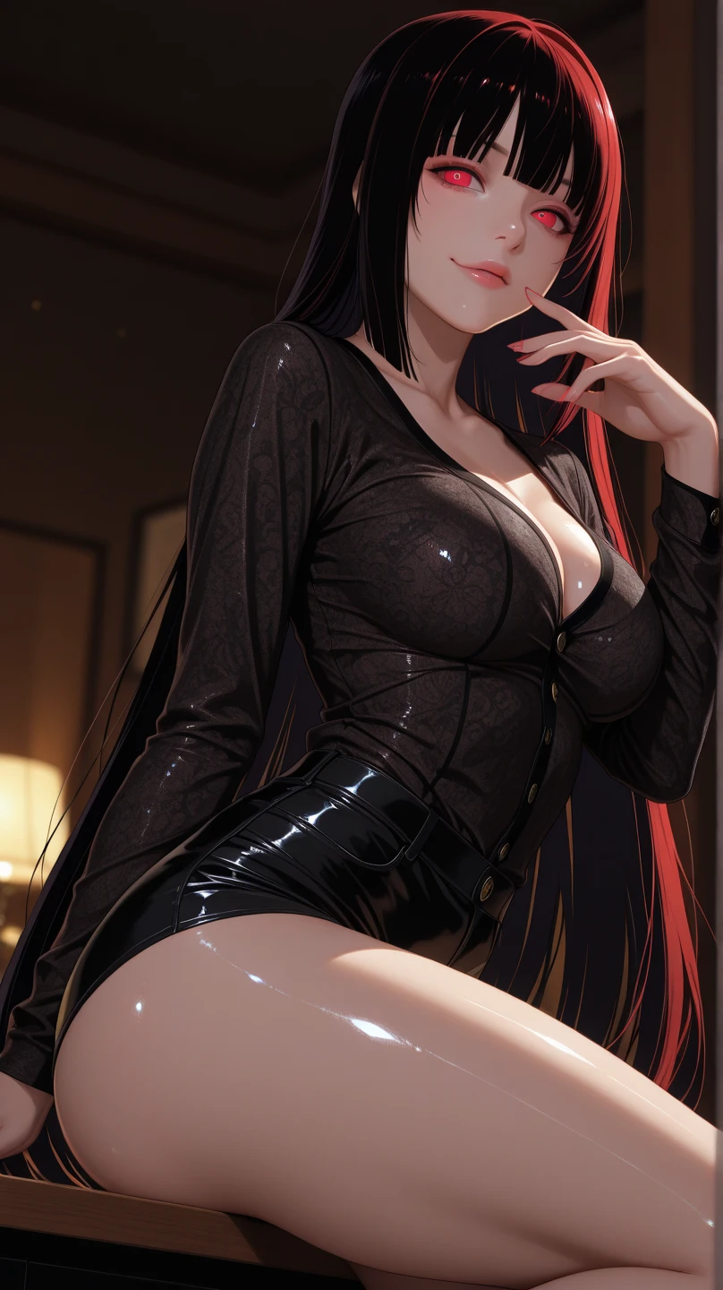 red eyes, black loose hair, anime style, best quality, black long-sleeved shirt, black leggings