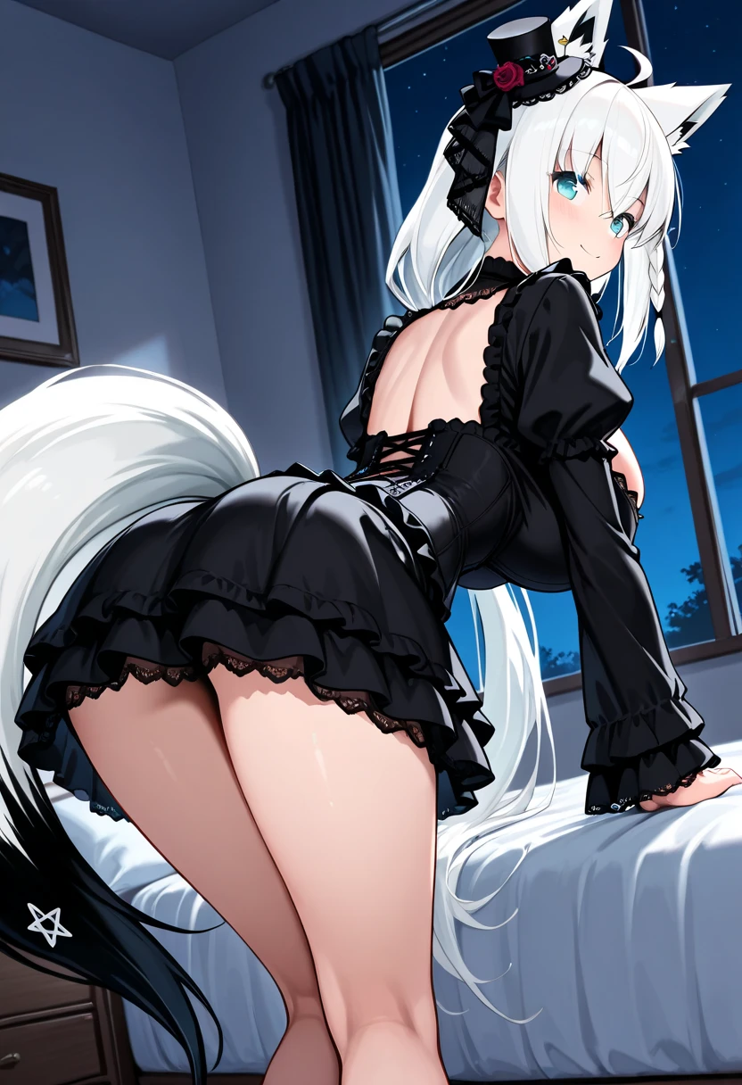 (best quality:1.3),(masterpiece:1.1),(illustration:1.2),(ultra-detailed:1.2),beautiful detailed eyes,(Gothic:1.2),
(Extremely detailed background:1.1),(forest:1.2),(mountain), night, moon,castle on the distant mountain,
(bent over:1.3),(butt:1.2),looking back, (raise butt:1.2),(close to the butt:1.3),
(1girl in Balcony:1.4),Balustrades on balcony,(wariza:1.2),(sitting:1.3)
(1girl:1.3),(solo:1.3),(white hair),(long hair:1.1),full body,black stocking,
tulle,dress,Bodysuit,back cutout,clothing cutout,