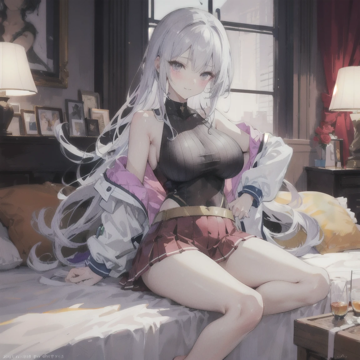 A girl with long silver hair, pronounced cleavage, white gauze dress, delicate face, perfect body proportions, thin waist, slender legs, milky skin, smiling, office hours