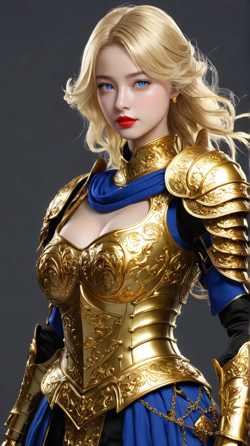 masterpiece,Highest quality,wonderful,(Female Knight_Female Knight:1),(Full body golden armor:1.3), (35歳のFemale Knight:1.3),、Big and ample breasts, Big Breasts,Big Breasts,belly button,Hyper Real,中世ヨーロッパの都市のbattlefieldにいる,Expressionless,、British women、Delicate skin texture to the smallest detail 、(Detailed blue eyes)、(Chubby body type))、(Very large)、Middle-aged women、(ふわふわblondeの長い髪)、Wheat tanned skin、(blonde)、Very large、European Female Knight、Big Breastsの谷間、豪華に装飾されたFull body golden armor、Medieval witch、High Leg、Golden long boots with flashy decorations、Deep neckline、Pure gold and jewellery necklaces and collars、Large gold earrings、Bright red lips、豪華なFull body golden armorを着て、Gold Long Gloves、She has a big long sword、The sword is ornately decorated..........................、The blade is pitch black、(Female Knight)、(battlefield)、