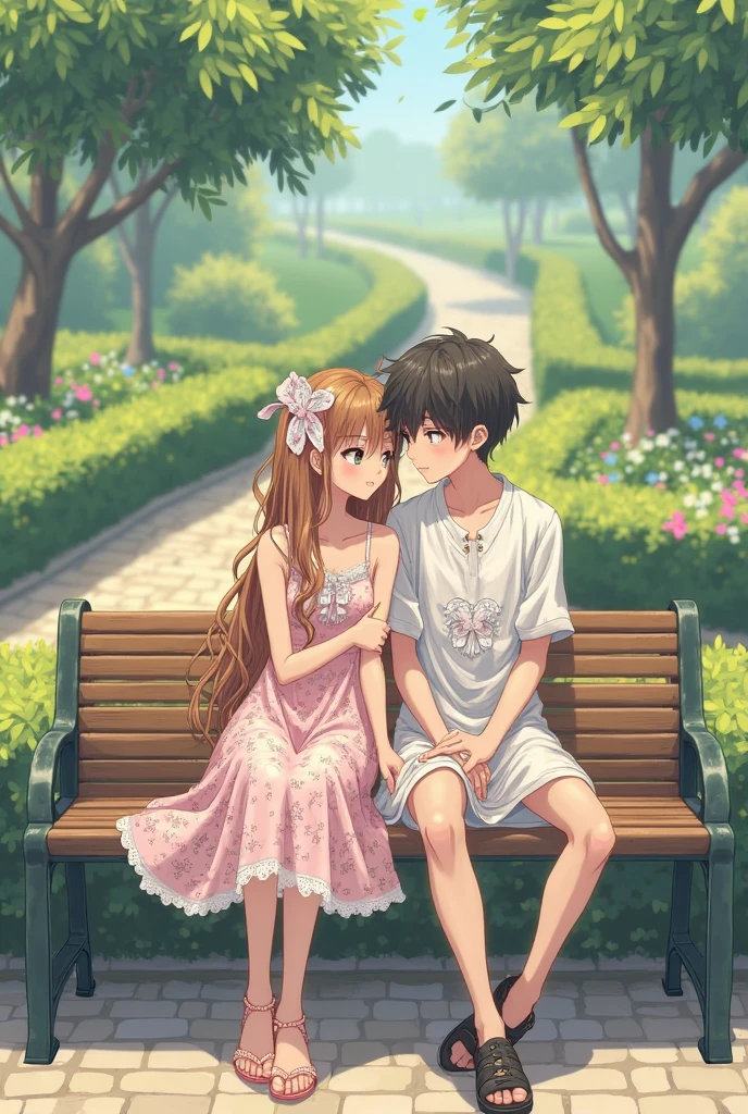 best quality,a boy near a girl sat on a bench, headpat, head rub