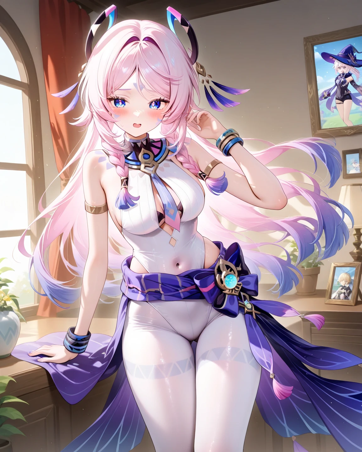 Nine snow-white fox tails (1.0), milky fox tail (1.0), fox close-up of nine tails, nine-tails, nine-tails, anime girl with pink hair and pink dress with flowers on her hair, very beautiful anime fox girl, beautiful anime fox girl, beautiful fantasy anime, guweiz, anime girl with fox ears, beautiful anime girl, very beautiful and cute fox girl, pink flower rain, background blur, anime style 4 K, anime fantasy artwork, 4k anime wallpaper, Artwork in the Guvez style, nude, (pussy:1.2), crotch cutout, (arms behind on back), clitoris,