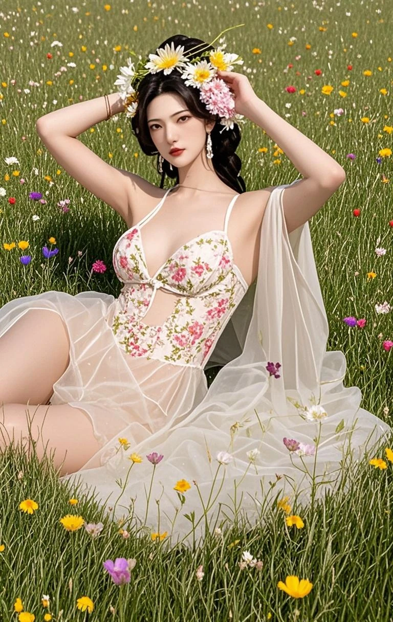 ((((8k))),((Extremely detailed CG)) ,(wallpaper),16k,((Very sophisticated and beautiful)),(((masterpiece))),(((highest quality))),(((Ultra-high resolution))),Daytime natural light,(Realistic scenery:1.4),Single-lens reflex camera,break, ((1 girl)),24-year-old Japan beauty,(Sensual look:1.2),Medium Hair,(Gradient brown hair,Shiny Hair,Innovative hairstyle:1.2),light makeup,Simple and natural makeup,double eyelid,Beautiful Eyes,Beautiful Eyes,Soft white skin that shines in every detail,Pale skin,Golden Ratio Face,Very well-shaped face,Detailed information,Lips Detail,Glossy, beautiful lips,Glossy lips,break,(8 heads,Perfect figure),(Beautiful back,Beautiful C Cup Breasts),(Strapless nightgown made of flower petals,Visible abdomen,Visible butt:1.3),(Mr.々Colorful Lobelia flowers,Decorated:1.3),(Long legs,Tight big ass:1.3),break,((Lobelia flower field,Flowers in full bloom,Pasture)),Lying face down,Shooting from the hips to the head,Photograph the whole body,Shot from above