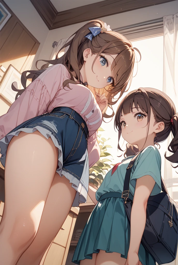 Anime girl with cat ears and pink skirt posing for a photo, she has dark gray hair with long braids, dwarf girl, bottom view, blushed, no panties, I see your pussy, sitting on the wooden floor next to the wall, spread her legs, small pussy, close-up, spreads pussy with his hand, her pussy is wet, She's pleased