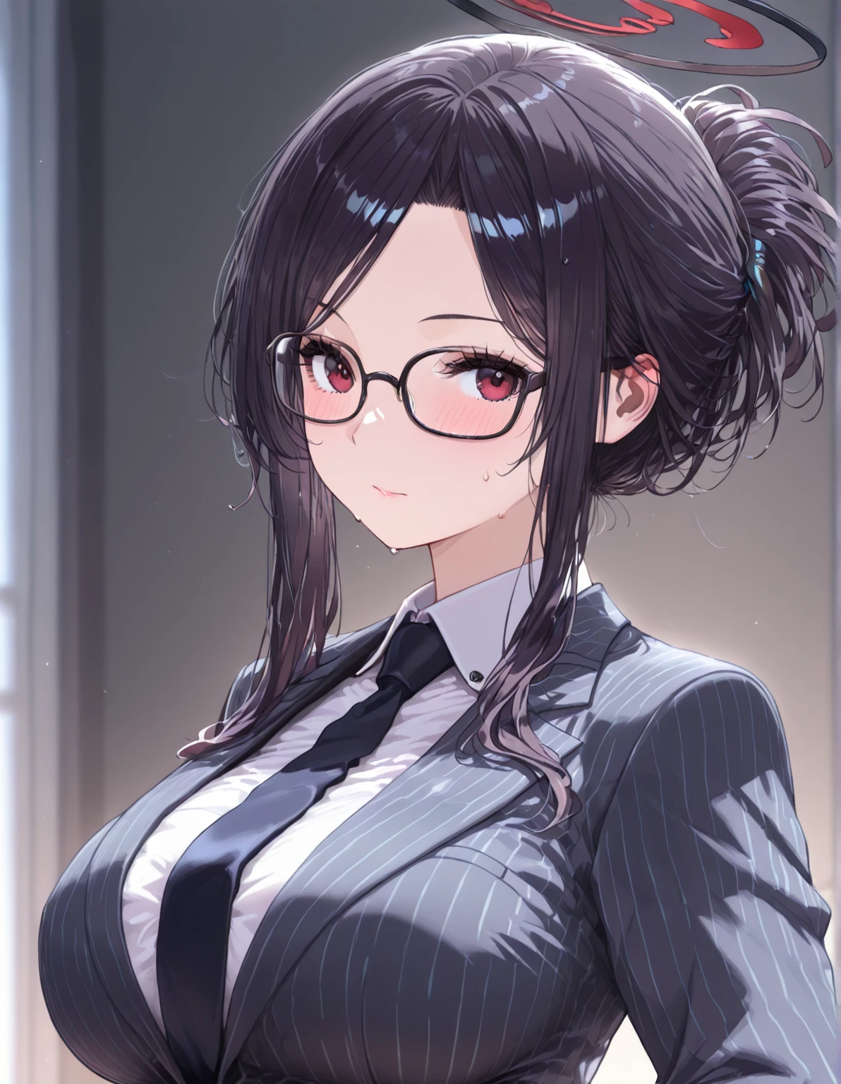 striped, vertical_stripes, 1girl, rating:safe, solo, striped_shirt, striped_background, glasses, vertical-striped_dress, diagonal_stripes, smile, vertical-striped_shirt, cleavage, breasts, blush, looking_at_viewer, long_sleeves, brown_eyes, closed_mouth, eyebrows_visible_through_hair, black_hair, medium_breasts, bangs, upper_body, shirt, blinds, black-framed_eyewear, collarbone, pinstripe_pattern, vertical-striped_skirt, striped_jacket, striped_dress