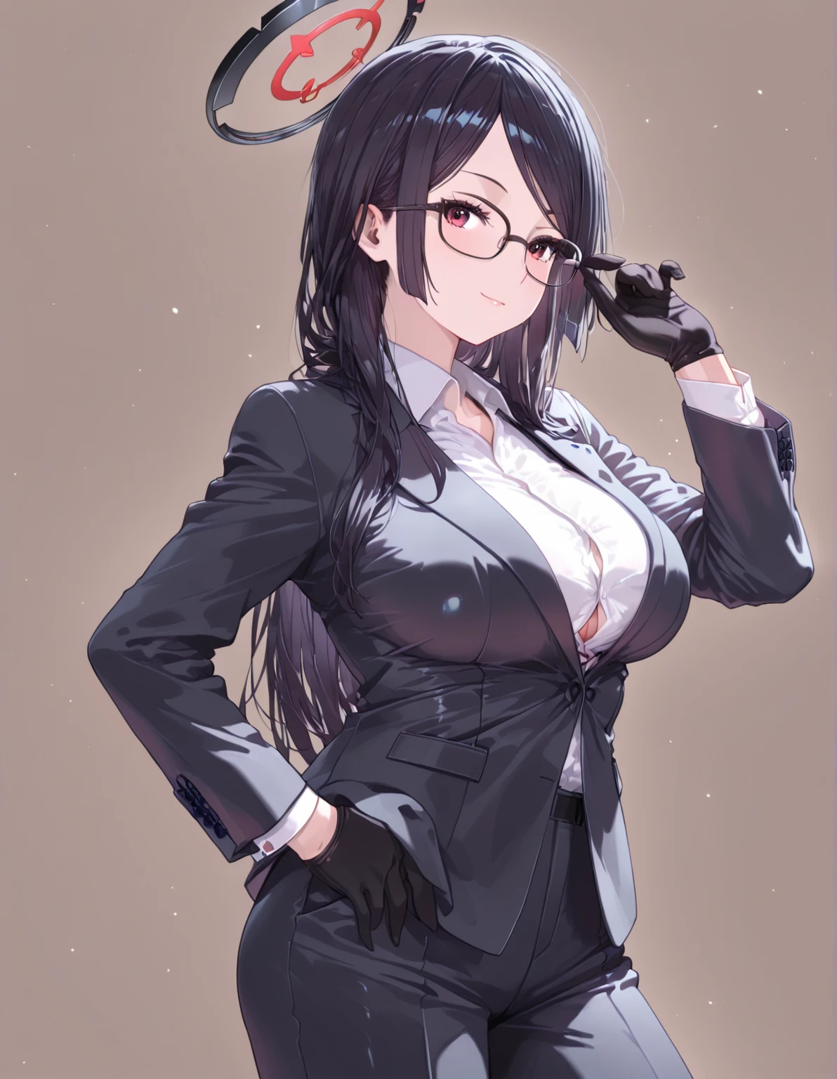 best quality, masterpiece, highres, solo, {ooyodo_kantaicollection:1.15}, black_hair, long_hair, glasses, hairband, semi-rimless_eyewear, under-rim_eyewear, blue_eyes, green_eyes, blush, breasts, 1girl, animal_ears, black_leotard, detached_collar, fake_animal_ears, leotard, playboy_bunny, rabbit_ears, strapless, strapless_leotard, small_breasts, wrist_cuffs, pantyhose, black_pantyhose, looking_at_viewer, simple_background, alternate_costume, necktie, red_necktie