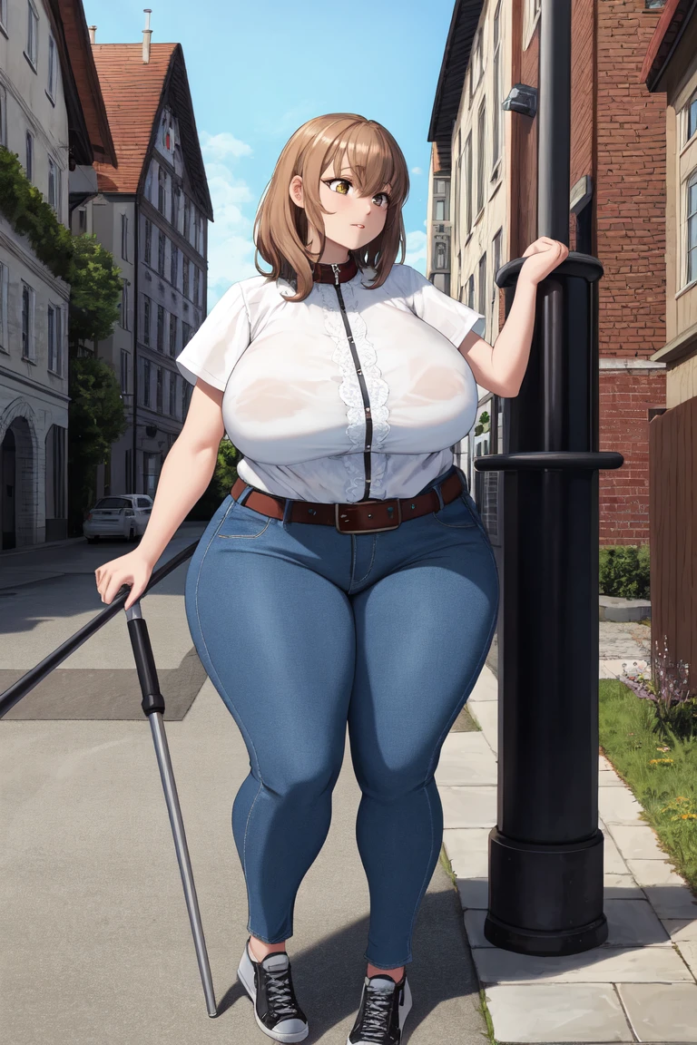A tall woman, of Brown hair, with some glasses, with short hair, dark brown skin , with big breasts, Wide hips, big butts, boluctuous body, completely naked , with fishnet mesh, walking through the streets of the city 