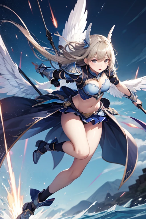 fantasy, 1devil_girl, low_teen, platina_blond_hair,long_bangs,, bare_shoulder, navel out, thighhighs,silver_armor, red_clothes,waist_armor, Glebe, hold_swords, large_breasts, dynamic_flying_pose,Floating,(pelvic_curtain:1.3), silver_Headgear ,looking_down_at_sunrise_city_sky_background,,slightly_spread_legs, some_swords,some_swords_floating_around_the_girl,solo,horn ,smile,,open_legs,open_arms,rise_knee,rise_leg,rise_thigh,rise_leg,forward_leaning_posture,apart_legs,fang,Shiny_gold_eyes,crotch