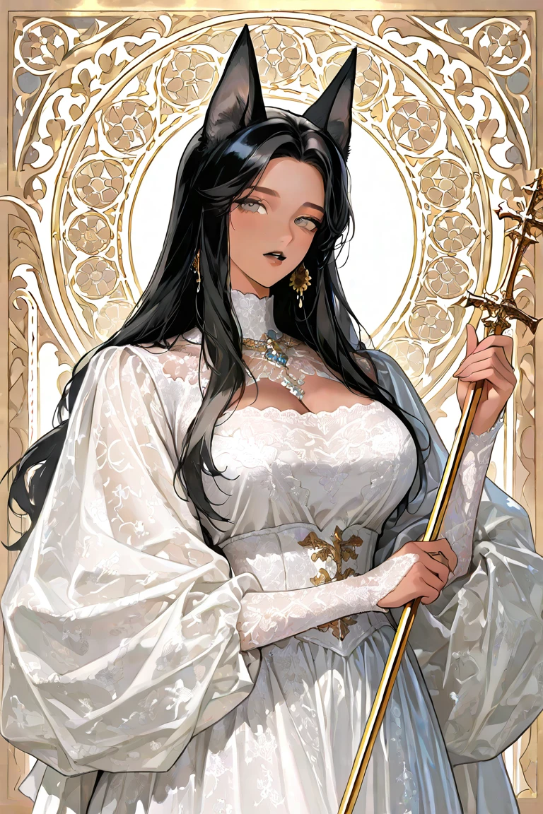 (((best quality))), ((ultra-detailed)), ((an extremely delicate and beautiful)), ((16k)), realistic, hd, cgi, gleaming hair, gleaming skin, gleaming dress, Character focus, solo, strong light coming in, sharp focus, illustration, game cg, anime, solo, curvy, (big breasts:1.3), forehead, faste collarbone, (belly:0.9), flower hair ornament, accessories, backlighting, shiny skin, shiny body, necklace, jewellery, black-brown hair, brown eyes, long hair, white flowy vestment