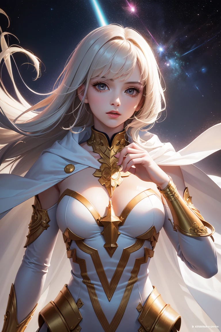 (Masterpiece) realistic Bust to the waist of a beauty hyperrealist & photorealist beauty young astonishing anime girl, Illumination bioluminescence, ices in magic encantations glowing flying surrounded, in highly & extremely detailed fractal low white & golden dress with cape & scarf (masterpiece) Unity 8k, pearly perfect skin with pores (short bob cut hair with colorful bangs fringes) ((perfect face shapes, complete perfect red lips, perfect nose, correct beautiful eyes, eyelashes, detailed intricate iris textured face in ZBrush))  in 8k, full HD vines, midnight aura, glamour aesthetic, developed by Unreal Engine 5, Ultra Sharp Focus, Art by Alberto Seveso, Sci-Fi, Intricate Artwork, golden Ratio, epic, HR Giger STYLE, highly detailed, vibrant, UHD 8K