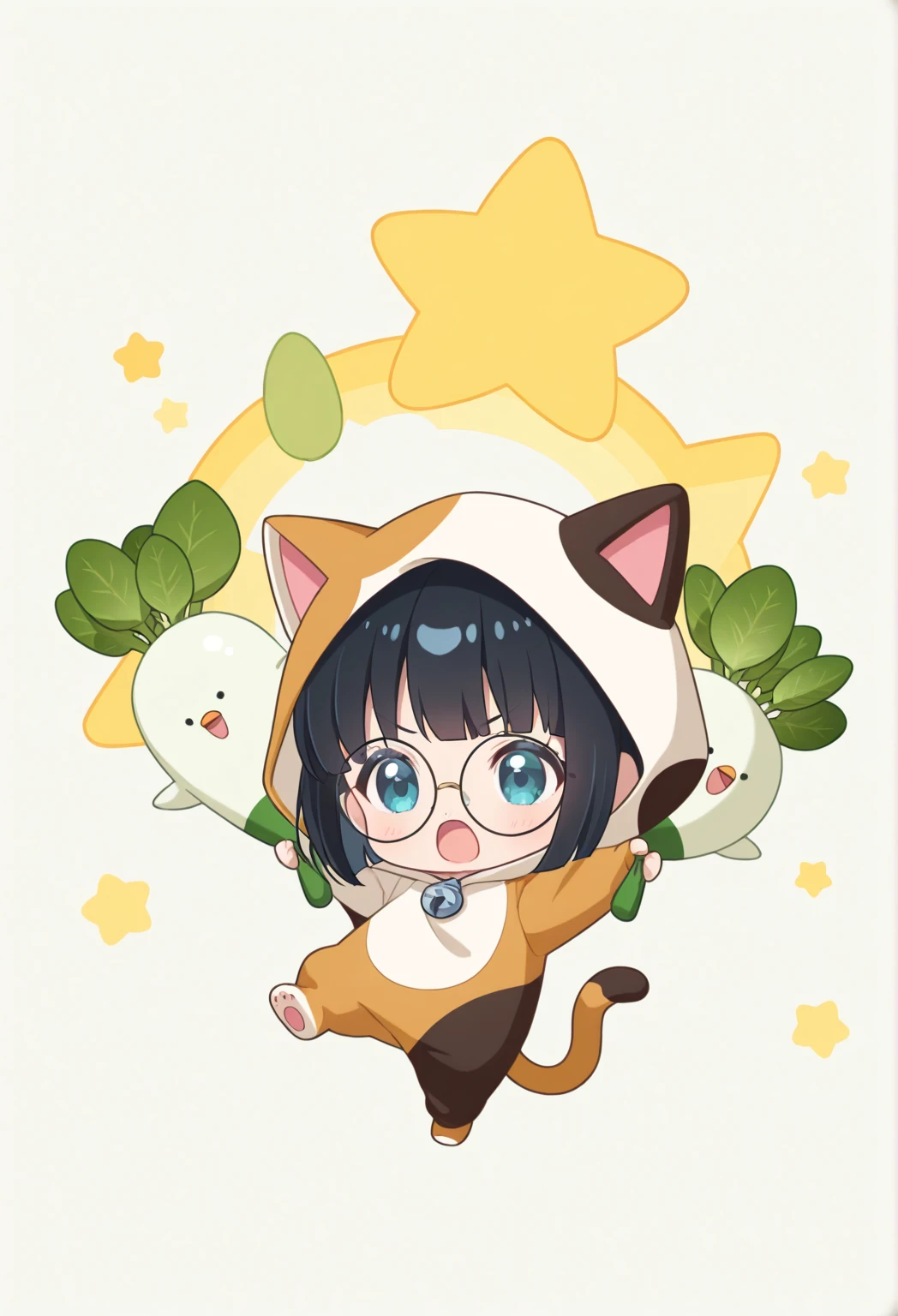 CHIBI Anime Art,1girl,(chibi:1.5),The girl wearing the calico cat Kigurumi、round glasses、short bob with black hair、I'm wearing a cat costume、She's clinging to a Japanese radish shaped rocket、The rocket is flying towards the sky、The background is a high sky