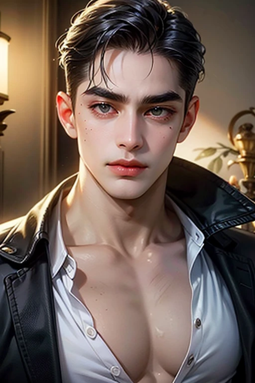 Absurdres, Masterpiece, Excellent, a tall muscular young man, solo, perfect facial features, (short hairstyle:1.5), sexy gaze, beautiful, gorgeous, wet, digital painting, blood wizard, slimming, elf, gray pupils, floating ball of blood, wizard outfit, relax, detailed background, Fantasy, Magical, Mystical, Ethereal, Unique Style, Surreal, Symbolic, magical tattoos, looking at the viewers romantically,