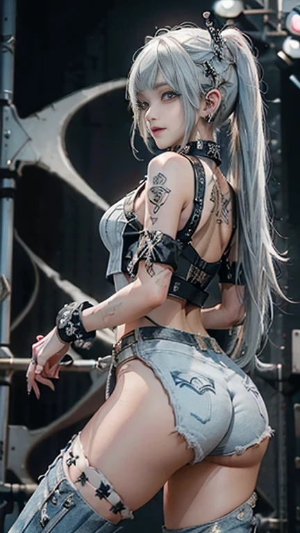 (photorealistic:1.8, highest quality:1.8,8K masterpiece:1.8,High resolution,muste piece:1.8,RAW Photos,cinematic lighting),No split screen, cyber punk、Highway at night、rain-soaked ground、
(1 android girl:1.3)、Completely naked、Full body tattoo、choker、beautiful breasts、T-shirt、denim mini skirt、beautiful butt、beautiful thighs,plump nipples、Nipples are visible through the costume,cameltoe,Body painting with a pop design drawn all over the body、pop art design、cutting edge fashion、conceptual art、
Provocative sexy poses、look back、Spread your legs apart、spread your legs wide、
(Beautifully shining vermilion, green, gold, white and blue hair:1.5)、shining blue eyes、Stoic