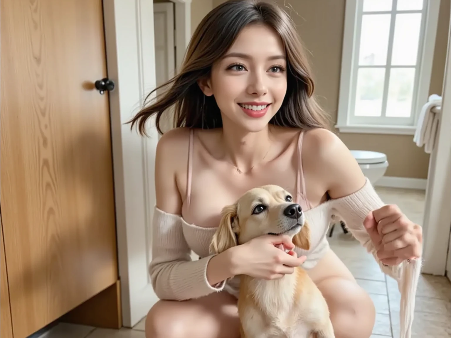 She looks 16 but、She has the cute face of a 20-year-old idol. Gentle and cute Smiling in underwear Cleavage She is holding a cute miniature dachshund. RAW Photos Genuine Real Stick、realism、Raw photo、Life sofa Do not display copyright