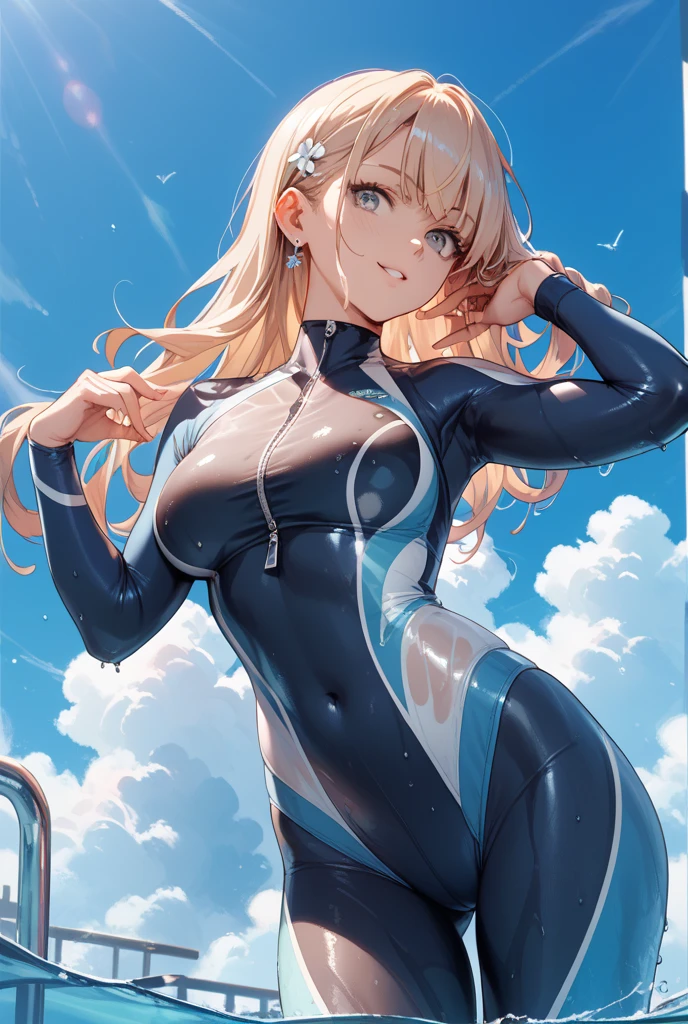 (masterpiece), Cowboy Shot,alone,Blonde beauty, Wet, Are standing, Grin, Ultra high leg swimsuit, Glowing Skin
