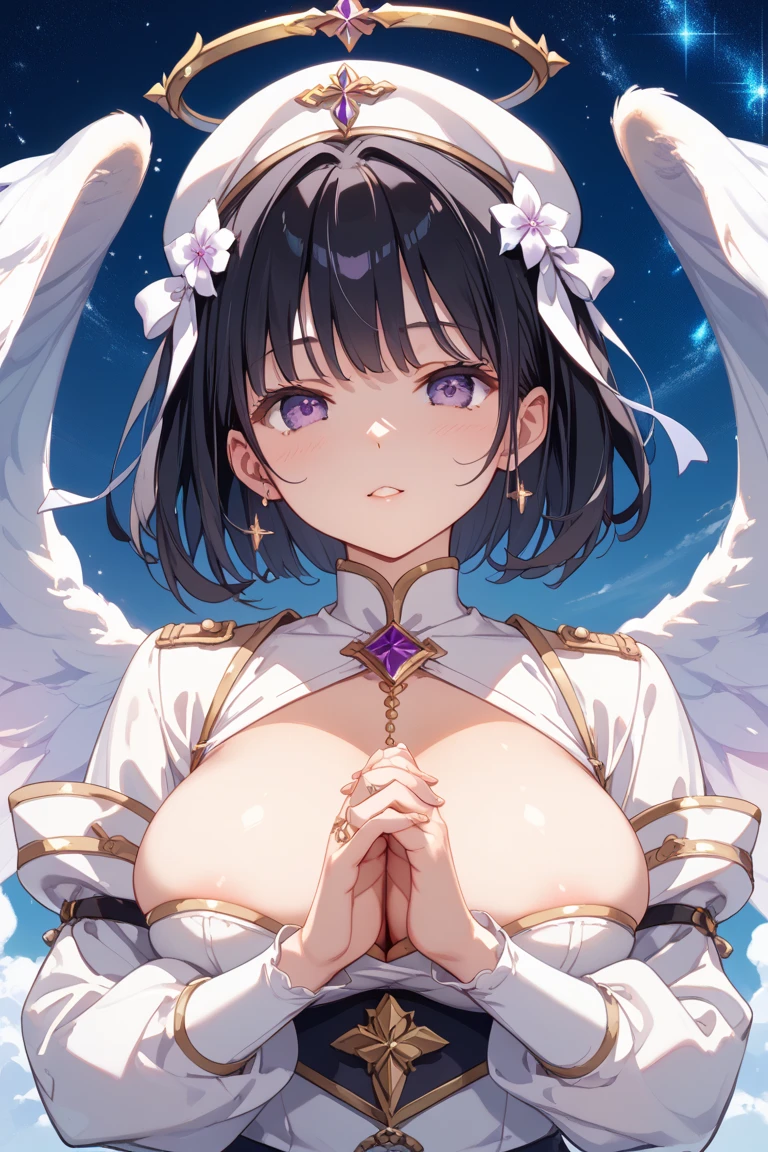 yamadahana, antenna hair ,black hair, short hair, brown eyes, hair ornament,, large breasts, live stage, , solo nipple