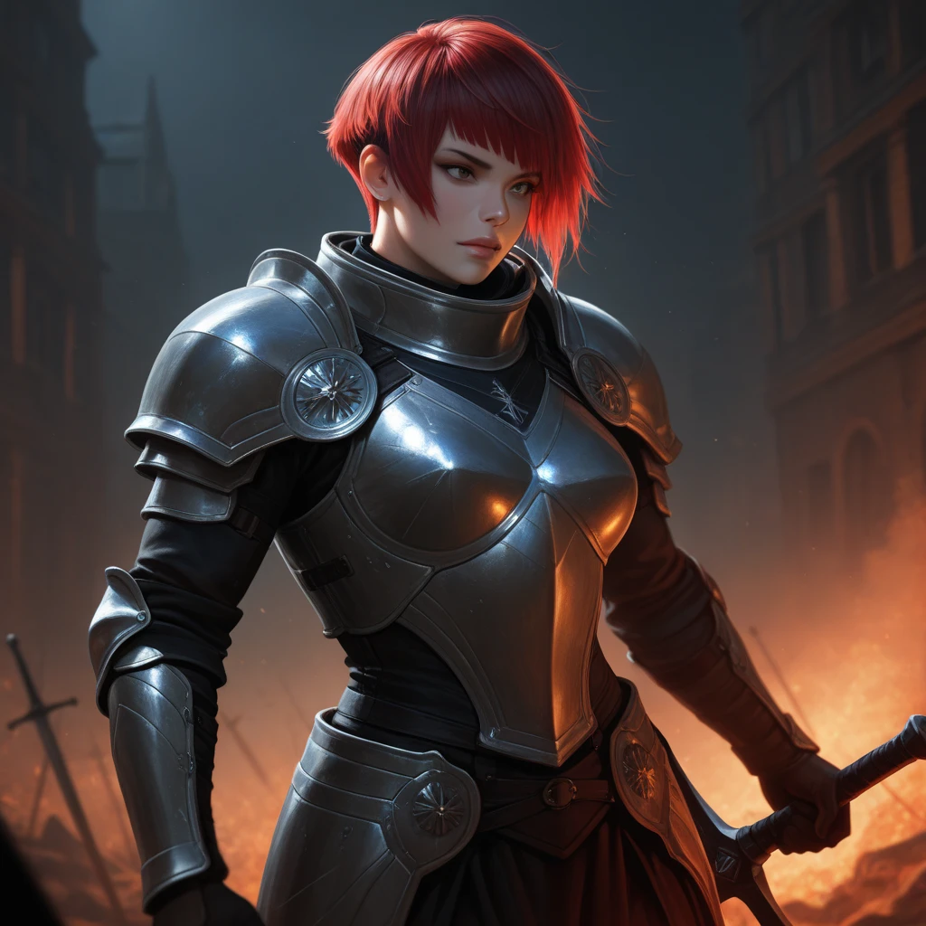 (extremely detailed CG unity 8k wallpaper), (masterpiece), (best quality:1.2), (highres), (illustration:1.1), (cinematic light:1.1), finely detailed, intricate details, (best illustration), 8k resolution, intricate details, best quality, realistic, ultra-detailed, best illumination, best shadow, ultra-HD, cryengine, ultra hd, (detailed reflection), detailed shadows, (((intricate details))), smooth, ((perfect shading)), high quality metal texture, metallic luster, highly detailed illustration, (semi realistic:1.6), (wide_shot:1.2), (landscape view), (midriff), (great composition:1.0), (face to below knee:1.3), ((dark)), (embroidery armor:1.5), looking at viewer, full armor, 1boy, (solo), (male:2.5), metal armor, (crew_cut_hair:1.8), knight, (slick back short hair:1.4), (red hair:1.3), silver_armor, night, expressionless, heavy breathing, ((holding shield:1.2)), head down, handsome, sharp, (holding sword:1.5), male focus, cuisses, gauntlets, shoulder armor, pauldrons, breastplate, knight, in Passage, (stout muscular body), (stout physique), savage facial features, stylish pose, dynamic pose, armor ornament, stairs, pillar, column, , gloomy, terrifying atmosphere, complicated background, dynamic camera angle, blood rain behind, (((high quality gothic ruins))), (depth of field), ((cinematic lighting)), ((dark fantasy:1.5)), spot color, monotone, red, splashing blood, (best illumination), (hyper intricate details), ((ultra-detailed)), 4k unity, (extremely detailed CG:1.2), (8k:1.1), Artstation, ((by Donato Giancola, by Wenjun Lin, by Keith Thompson)), ((semi-realistic)), (realism), (dynamic), <lora:LuisapBladerunner2049_v1:0.2>, (RFKTR_bontrex-150:0.5)
