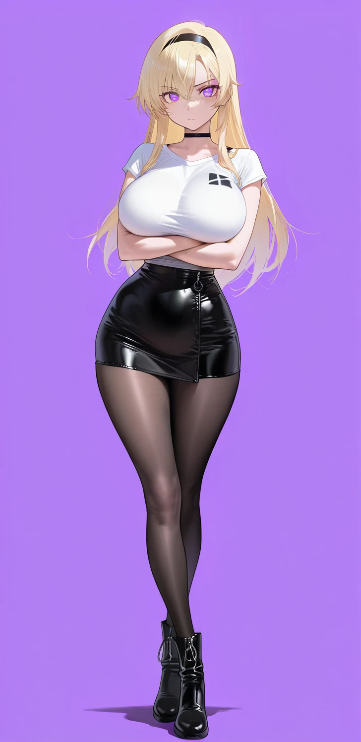 ((masterpiece, high resolution, better quality, better details)), ((Marin Kitagawa)), ((Smiling)), ((one girl)) a girl modeling standing, mini skirt, blouse, ((big neckline)), ((platform high heels)), pink eyes with black outline, (light blonde hair, straight hair, straight bangs, long hair)), long nails, pink nails, (((curvy body))), shiny skin, ((side view)), solo, bare shoulders, full body, focus full body, high heels, ((White background)), ((black stockings)),