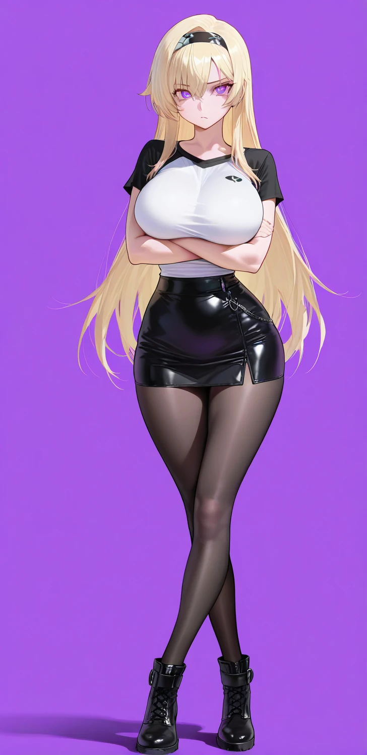 ((masterpiece, high resolution, better quality, better details)), ((Marin Kitagawa)), ((Smiling)), ((one girl)) a girl modeling standing, mini skirt, blouse, ((big neckline)), ((platform high heels)), pink eyes with black outline, (light blonde hair, straight hair, straight bangs, long hair)), long nails, pink nails, (((curvy body))), shiny skin, ((side view)), solo, bare shoulders, full body, focus full body, high heels, ((White background)),