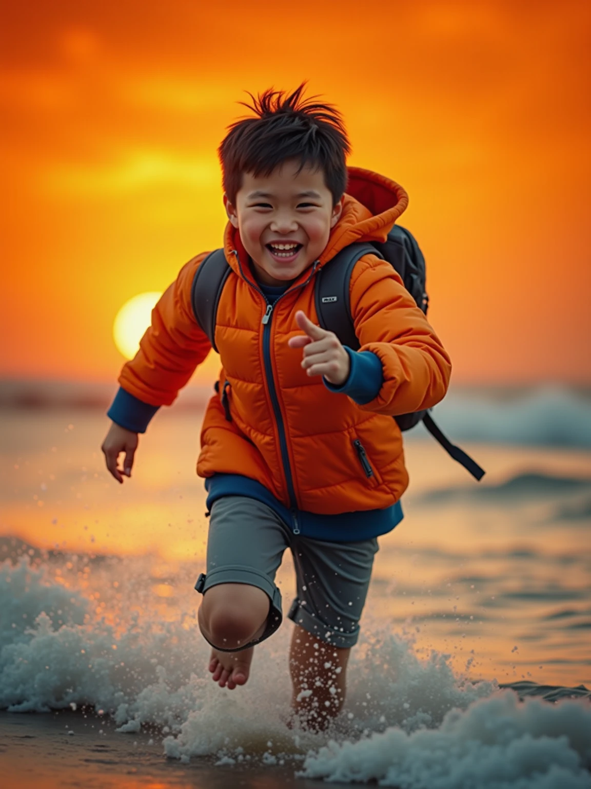 On the beach,A Chinese boy,Sunny and handsome,Run on the beach,Blue sky and white clouds,HD,8k,