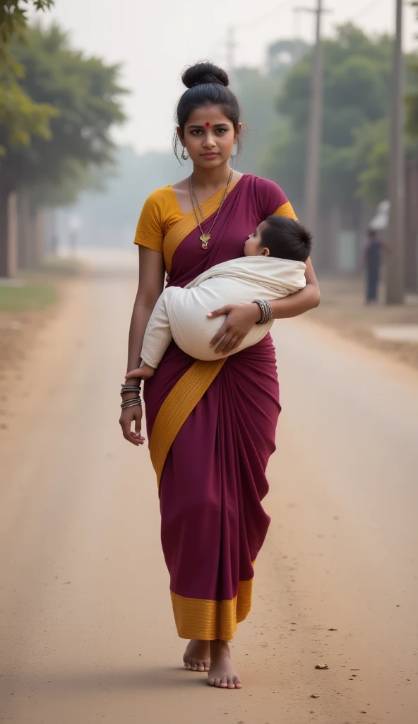 Create a picture of Baby Krishna Baghwan taking Birth from His mother womb in the prison of ancient time, keep their attire of ancient time and old, make sure to show new born krishna bhagwan in his mothers hands, her mother should be sweating and stains of blood should be their on her attire, and lite blood should also be there on Baby Krishna Bhagwan, make sure to show Baby Krishna Bhagwan to be showed crying, there should be rays of light from a window that is made up of steel bars and make sure to keep the baground ancient t he prison should be ancient. this is my prompt for the picture I want make sure give me some results.\
