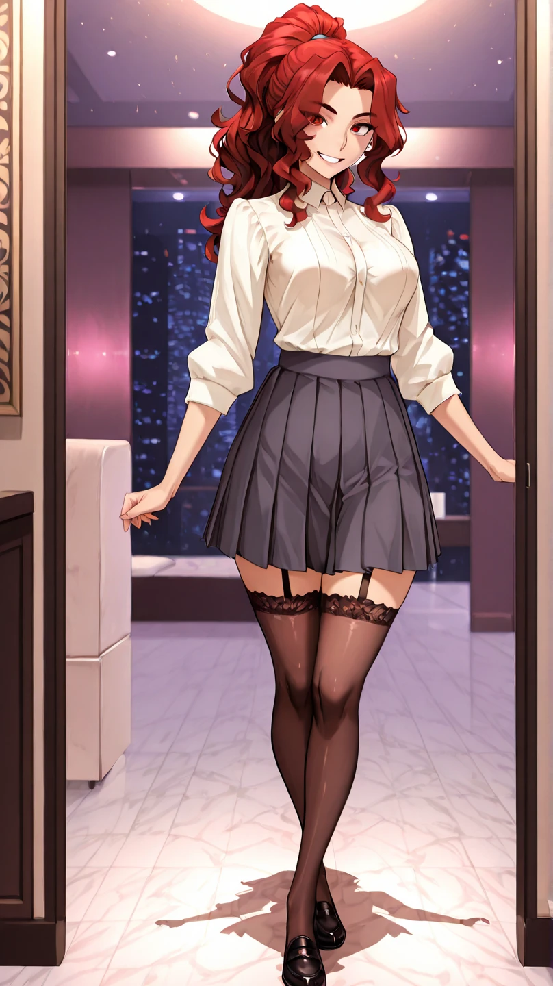 ((solo, 1woman, TakashiroHiroko, dark purple eyes, red hair, pink lipstick, Extremely detailed, ambient soft lighting, 4k, perfect eyes, a perfect face, perfect lighting, a 1girl)), ((solo, (1woman, pink lipstick), Extremely detailed, ambient soft lighting, 4k, perfect eyes, a perfect face, perfect lighting, a 1girl)), (((from below:1.3,ceiling,crotch focus))), (((1 girl,solo))),{{ adorable, skirt, lifting the skirt}},{{{ standing, spread legs open,skirt lift:1.1,showing white panties:1.3, looking at viewer:1.3}}}, ((transparent, satin blouse, garter belt thigh-high stocking,BREAK beautiful, feminine, sexy, embarrassing, cleavage, skirtlift))