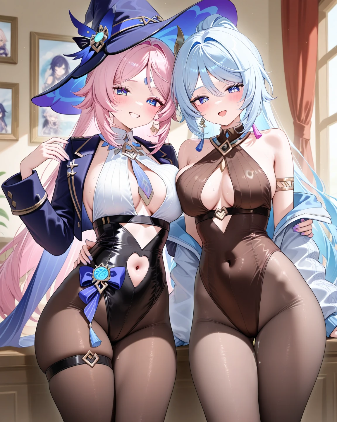 Re:Zero、two girls,(Rem,blue hair、short hair),(rum,Re:Zero,Pink hair,short hair)、pink dresses,sensual curves、huge breasts、thighs、bubble, 最high quality, Super detailed, full body shot, Pink nightgown and underwear, enchanting smile, thick lips, plump lips, blush, looking at the viewer, provocative expression, beautiful hairstyle, slender、curvy body、attractive face、sexy pink lingerie 、an inviting gaze、expression of emotions、Standing position、gorgeous accessories 、big breasted woman, bare shoulders,feather, metal ornaments, pink flowers, particle, light, (masterpiece), 最high quality, 最high quality, official art, very detailed,(pink)(flowers),most detailed,(tangled:1.2), (dynamic pose), (abstract background:1.3), (shiny skin), (Pink color:1.4), ,(earrings:1.4), (feather:1.4),masterpiece, 最high quality, Super detailed, full body shot, beautiful 、various pink flowers,beautiful ,greek clothing,Tulle covers the chest,perfect balance, Detailed details of the garment,marble,Statue of God,cinematic lighting, masterpiece, Super detailed, high detail, high quality, High resolution、gorgeous accessories、openwork decoration,(((see through dress)))、(((anatomically correct body))) , 最high quality, Super detailed,(((Healing face)))、openwork decoration、 cowboy shot, blush, 2 girls, (masterpiece:1.3), (High resolution), (8K), (very detailed), perfect face, Beautiful eyes and face, (((最high quality))), (Super detailed), detailed face and eyes, (by 2 person), High resolution、beautiful eyes、(((normal size breasts)))、((beautiful eyes))、luxury、(((超High resolution)))、(((Body parts that match the anatomy)))Just the right size for legs and arms、Fishnet tights、clear blue eyes、well-shaped chest