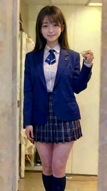 (highest quality,8K quality,masterpiece:1.3),(Ultra-high resolution,Realistic:1.4,RAW Photos),(Very detailed,Caustics,Detailed Background),(Ultra-Realistic Capture,Fine and beautiful skin,Perfect Anatomy),At dusk,Sunset sky,School building,Schoolyard,18-year-old,cute,single eyelid,Black short bob,School blazer uniform,Looking into the camera,Laughter,Bust up shot,Natural soft light、Big Tits、sexy、Knee-high