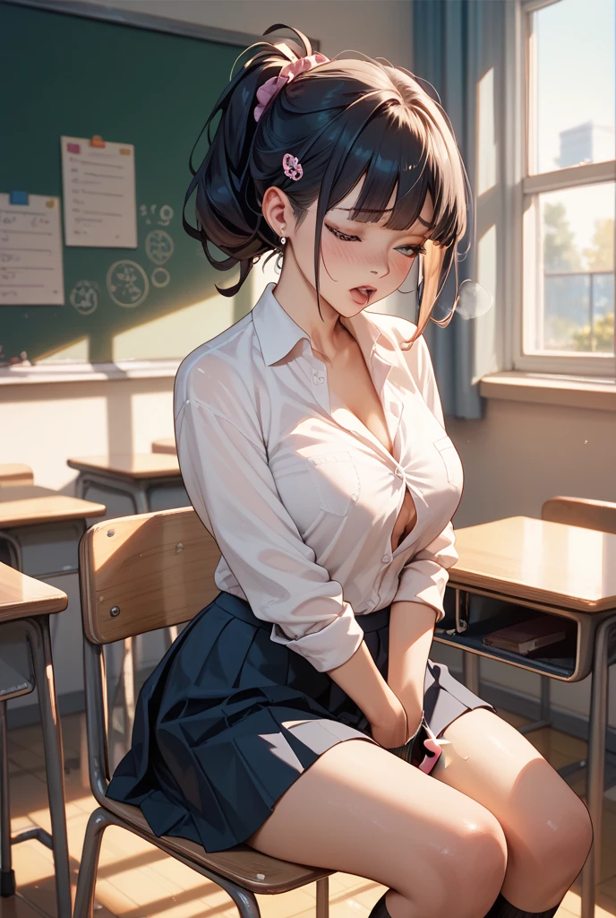 NSFW, (((masterpiece, best quality, Photo realistic))), (shiny skin), (UHD, 8K wallpaper, High resolution), Perfect anatomy, Cinematic lighting, physically-based rendering, award-winning, extremely detailed skin, extra detailed face, eyes with beautiful details, Carl Zeiss 85 mm F/1.4, (1 man and 1 girl, couple:1.5), Cute 16-year-old Japanese schoolgirl, sitting on the chair, (black hair, short bob cut, brown eyes, round face), medium breasts, wet school blouse with ribbon, navy pleated Skirt lift, navy high socks, (noseblush, naughty, half opened eyes, drooling), spread legs, thigh focus, in the classroom, blue hour, (1 man is an old man, an old man is hugging the girl from behind:1.5), an old man is wearing business suit, (an old  man touches girl's panties:1.5), [full body shot], shot from below,