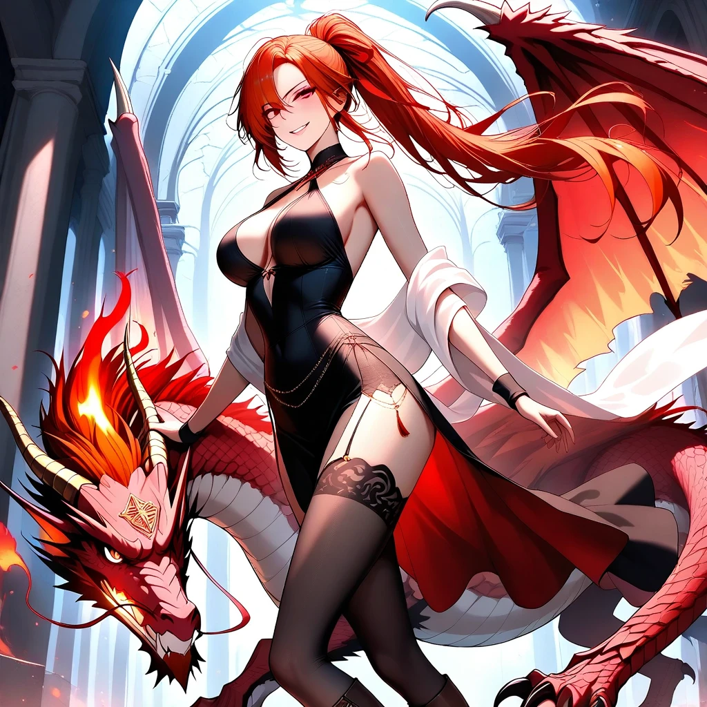 Beautiful young woman with red hair with white dragon fantasy scene
