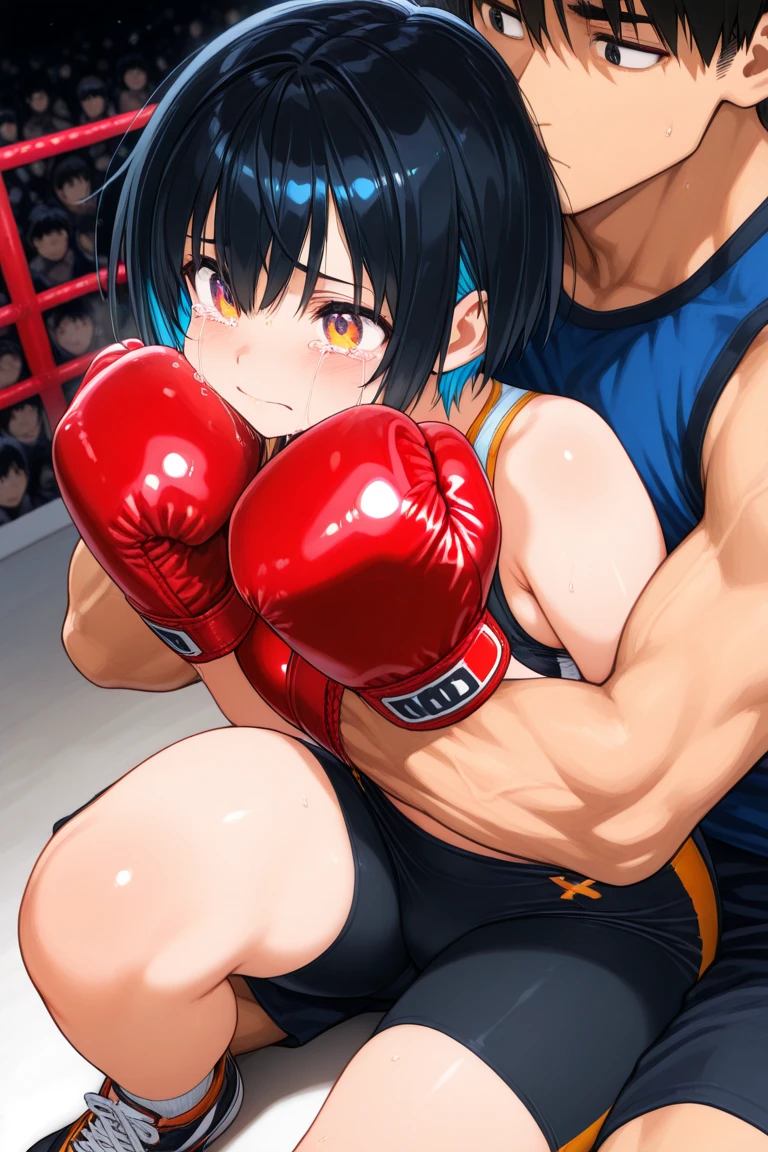 Match in the ring。Lying down and hugging。I feel ecstasy。touchin opponent's groin。Small breasts。A well-trained body。Two young and cute Japanese female kickboxers。Rivals。Serious competition。can not lose。Sweating a lot。One eye closed, out of breath。Drooling。Short black hair。Boxing gloves。naked。Erect nipples。
