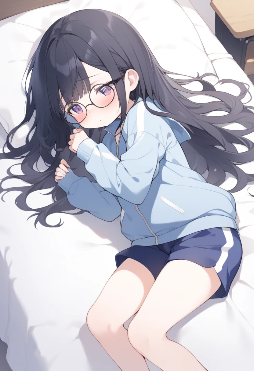 (Big red round glasses:1.3)、(Timid girl、sorrow、blush、Watery eye:1.2)、Long black hair、White short sleeve shirt、(Navy blue shorts:1.5)、(Gym suit)、 、Flat body、Thin thighs