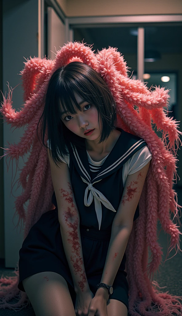 ( CHOSO_JUJUTSU NO KAISEN),((realistic, photorealistic)),(highlight hair)), Light reflection, (( HD )),((upper body)), (((best quality, masterpiece))), (masterpiece) (best quality) (detail) (8k) (HDR) (wallpaper) (cinematic lighting) (sharp focuasterpiece, best quality: 1.1), Real life adaption of this character, realistic outfit, realistic shadow, realistic light, realism, hyper realistic, realistic background,realistic hair,(photorealistic:1.2), (masterpiece: 1.2), (best quality: 1.3), (clear details: 1.3), ((((ultra-detailed)))), ((detailed eyes)), (extremely detailed face:1.4), (highly detailed eyelash:1.6), highly detailed eyes, sharp details, high contrast, (shiny skin), 1boy,Shibuya train station background, Stairs lead to the bottompurple and blue gradations, glow effect, smoke, shadow,gradient hair,Lines under the eyes, blood stains on hands,Realistic blood,Blood elements, blood spots, blood foreground, gushing blood,