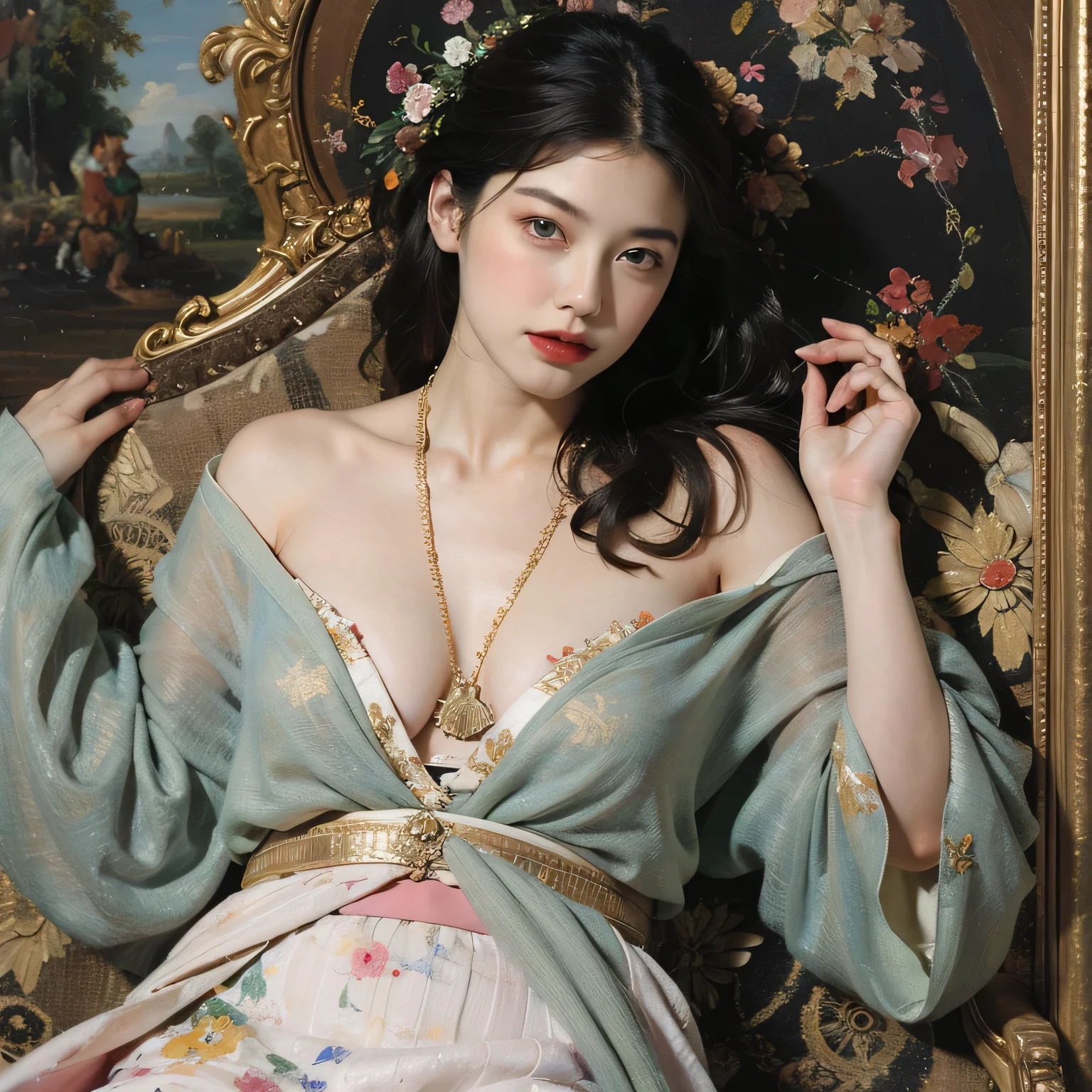 A Chinese empress is sitting naked in a Chinese palace wearing a crown and her hair tied up in a ponytail. The background is the luxurious palace of the Qing Dynasty empress.
