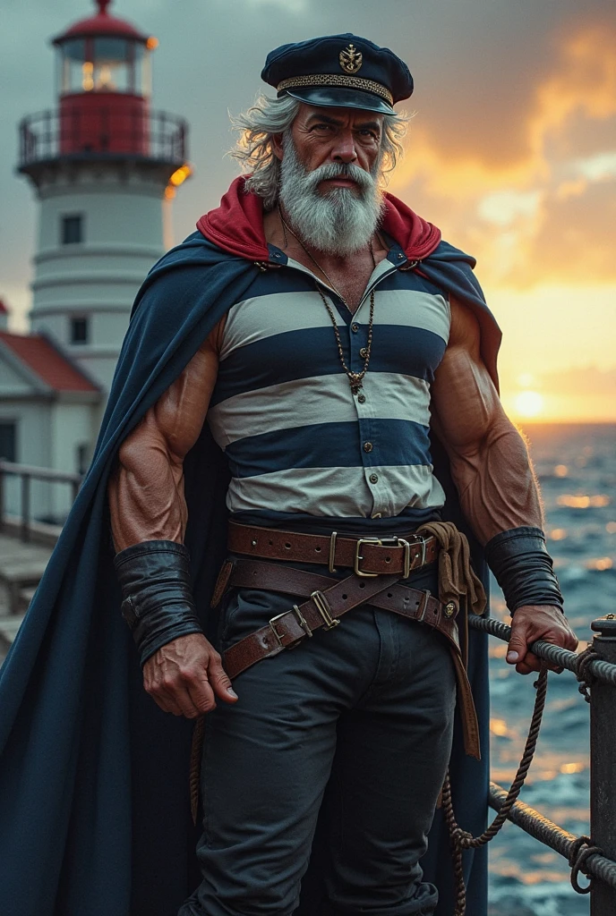 A solo, muscular boy with huge pectorals wearing glasses stands in a harbor, shirtless. He is an old man with short white hair and a thick beard. The scene is full of pirates, creating an adventurous atmosphere. The artwork is a masterpiece, with high detail and resolution of 8k. The muscular boy's pectorals are particularly emphasized, showcasing his strength. The harbor is bustling with activity, with ships, crates, and seagulls in the background. The lighting is dramatic, highlighting the boy's strong physique. Overall, the image exudes a sense of power, adventure, and mastery.