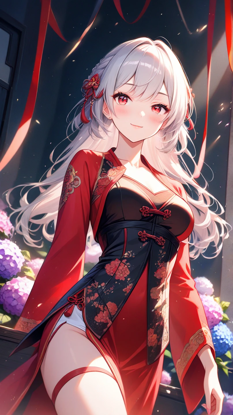 (top-quality、​masterpiece、high-level image quality、Super delicate)、((a beauty girl))、(smooth dull gray hair)、(curly twintails, Long bangs)、(Braided hair)Yellow eyes like a brilliant sunset、a choker、Moderately large breasts、((Princess cheongsam dress with innocent rose motif))、The chest is heart-shaped