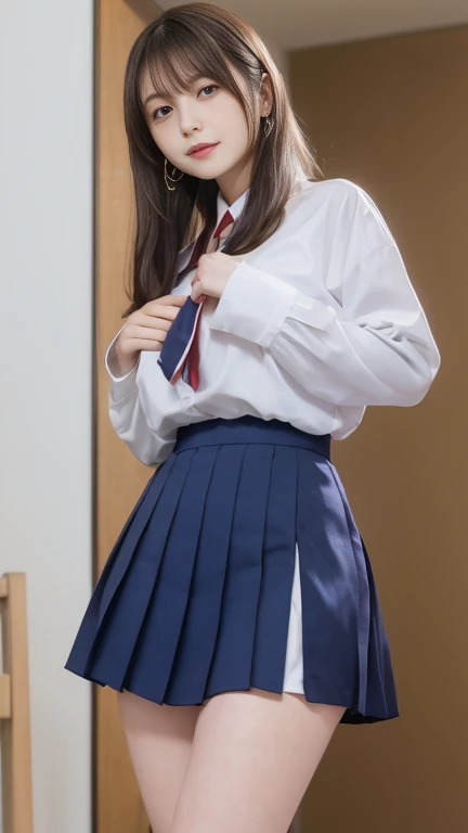  (8K, best quality, masterpiece:1.2), (realistic, photo-realistic:1.37), (high color saturation:1.0),  (highly detailed skin), (highest quality:1.0), (ultra high resolution:1.0) ,(realistic:1.0), (Super detailed:1.0), (8K, Raw photo:1.1)、standing random pose, smiling, natural breast, perfect lighting, ((3girls students)), 18years old, (mysterious), clear and detailed, ((school_uniform, Japanese sailor uniform, flared skirt)), (indoor school climb the stairs), surprised face, (white_nomal_panties), looking at back viewer, nsfw, low angle photo,