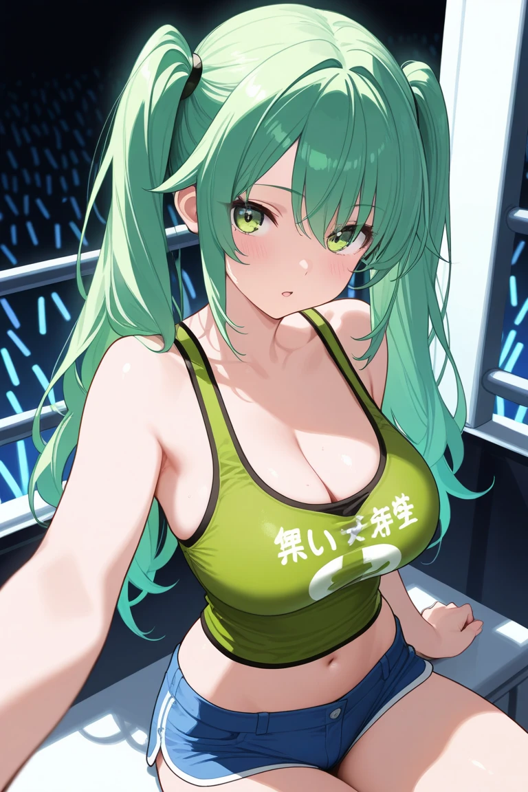 ((masterpiece,Highest quality:1.3)),1woman,30 year old beauty,独奏,((very small head:1.3)),green hair,(low ponytail),long hair,blunt bangs,green eyes,gorgeous eyes,shy,smile,medium breasts,((very long body:1.2)),((toned body,slender body,skinny)),gleaming skin,shiny skin,(White tight T-shirt、navel、Grey wet shorts)、barefoot、standing,Simple bedroom、cyber punk、World of Blade Runner、