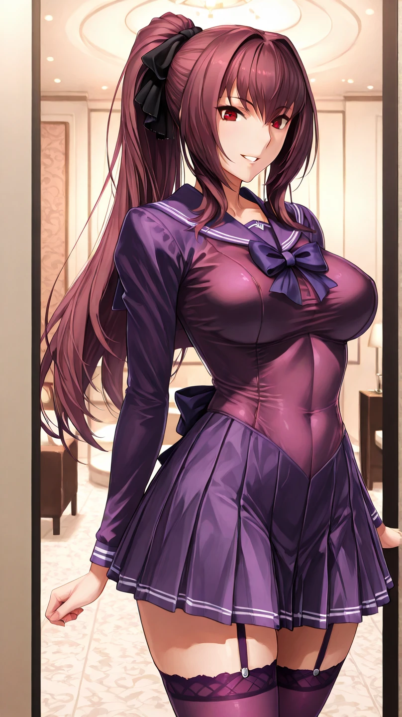 masterpiece,best quality,high resolution,8k,perfect face,perfect body,full body,,1woman,(realistic:1.3),pale skin,(fighter:1.3),(dark brown long straight hair:1.2),ahoge,seductive smile,(large breasts:1.3),(large ass:1.3),(small pink nipples:1.3),purple wizard and long purple dress:1.2),(clothed:1.8),(clothed:1.8),(clothed breasts:1.8),(erect nipples:1.2),(cameltoe:1.1),(sweat:1.3),(hair above one eye:),(This Subaru:1.3),Inside the apartment,