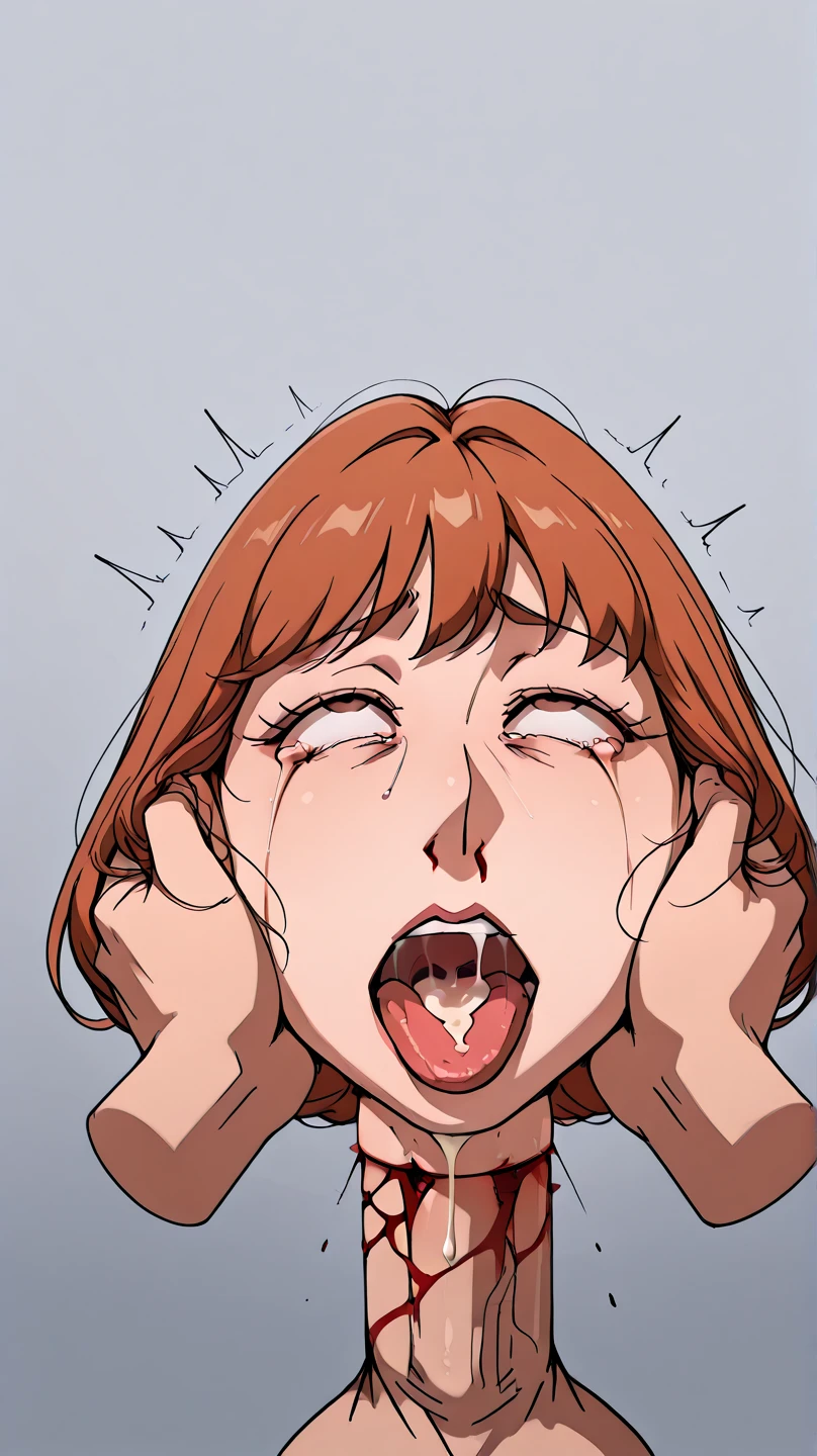 Ochaco Uraraka, wearing pajamas, nice environment, super detailed, high quality, short hair, portrait, blush, open mouth, big mouth, tongue, tongue out, close up, saliva, uvula, uvula, room, mouth focus, excessive saliva, giantess, brown eyes, looking at viewer, long tongue, large tongue, no lips, anime coloring, breasts, nipples