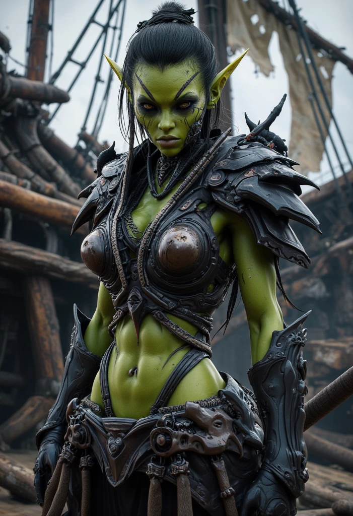 orc green skin old woman with torn clothes, RPG, dvd screenshot, 1980s cinema, dark fantasy, realistic, detailed, body horror, horror cosmic