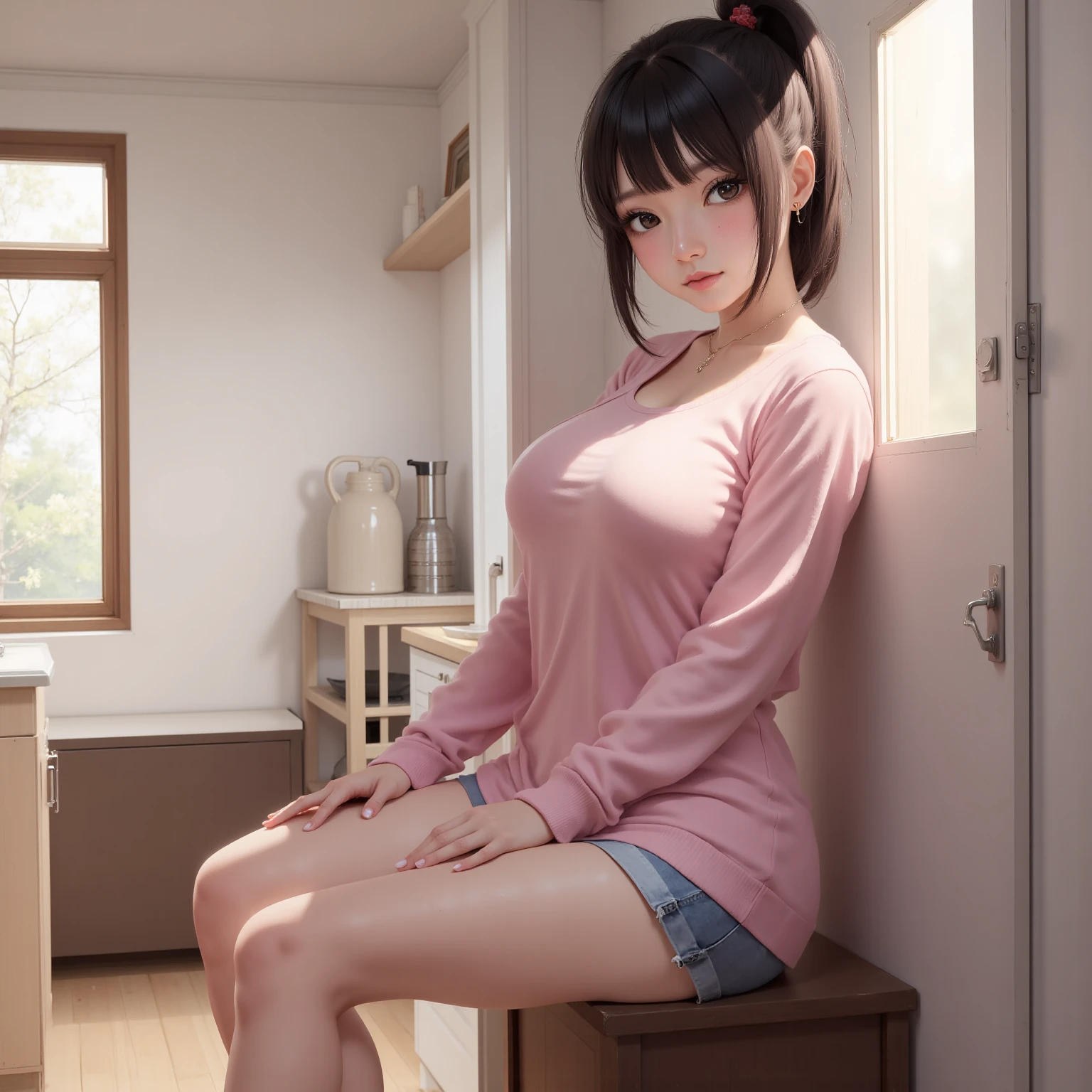 Japanese　Female Idols　20-year-old　Thighs　mini skirt　seiza　Vacant chest　Medium chest　Waistline　Black Hair　semi-long　Hands behind back　Long legs　Realistic　photoRealistic