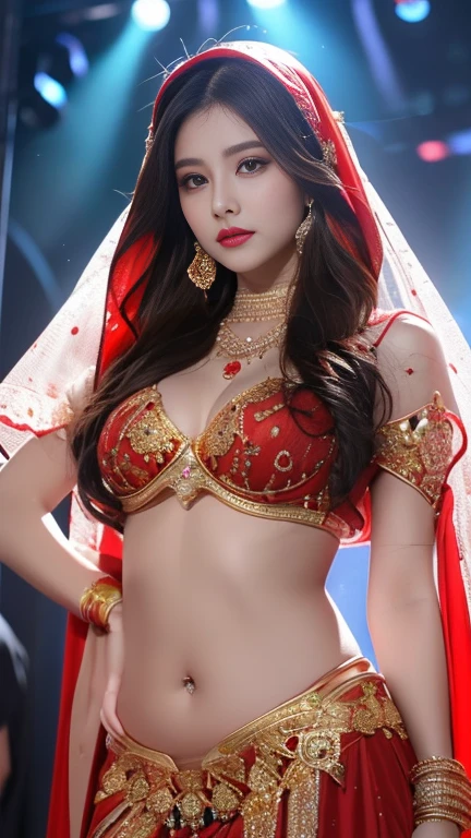 Une femme en sari posant pour une photo, Indian, traditional beauty, Indien, beautiful girl, red Ornate Cosplay, en tailleur, Super mannequin indien, Belle jeune fille, femme magnifique, Asie du Sud-Est avec Long, Indien provocateur, magnifique belle femme, Tenue complexe, Hindu aesthetics, belle fille asiatique, Extremely detailed shot of the girl, jaw dropping beauty, Big breasts deep neckline sexy navel