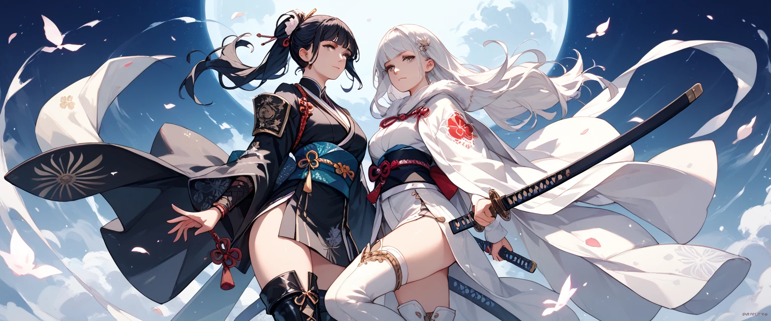 Full body shot from head to feet, two female characters from Genshin Impact. Raiden Shogun attacking Yae Miko with short sword, while looking to Yae Miko with serious expression. Yae Miko while looking to Raiden Shogun, defending with short sword, but wounded and defeated, in pain expression. Both characters have long hairstyle, wear traditional sleeveless kimonos, with obi and long gloves. Both characters wears short skirt is also a prominent feature of their attire, complemented by black thigh highs stockings. The background set in a deep forest, with simple effect.